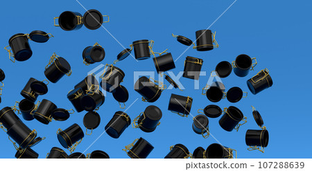 Many of flying glass jars for coffee beans isolated on blue background. Many of flying glass jars for coffee beans isolated on blue background. 107288639