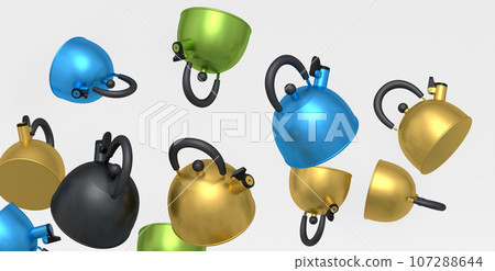 Many of flying steel stovetop kettle with whistle isolated on white background. 107288644