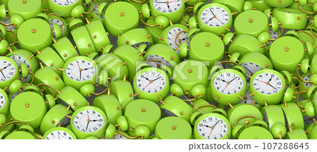 Pile of alarm clocks on green background. 3d render of wake up time 107288645