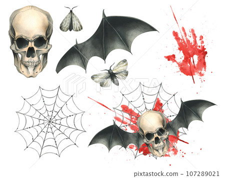 Front view of a human skull with black bat wings with a bloodstain and cobwebs for the holiday of Death Day and Halloween. Watercolor illustration, hand drawn. Set of isolated elements 107289021