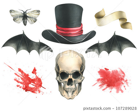 Front view of a human skull with black bat wings, top hat with a bloodstains and paper scroll for the holiday of Death Day and Halloween. Watercolor illustration, hand drawn. Set of elements Front view of a human skull with black bat wings, top hat with a bloodstains and paper scroll for the holiday of Death Day and Halloween. Watercolor illustration, hand drawn. Set of elements 107289028