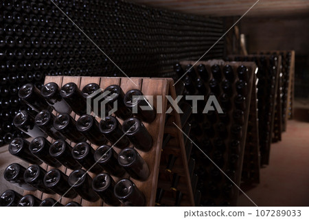 Wine bottles on racks in wine vault 107289033