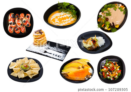 Meatless dishes isolated on white background Meatless dishes isolated on white background 107289305
