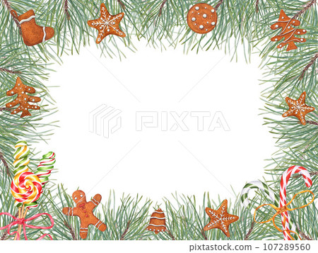 Christmas pine frame decorated gingerbread cookies, candy canes. Xmas tree branch, Spruce, Fir, evergreen plant, lollipops. Copy space for text. Watercolor illustration isolated on white. Christmas pine frame decorated gingerbread cookies, candy canes. Xmas tree branch, Spruce, Fir, evergreen plant, lollipops. Copy space for text. Watercolor illustration isolated on white. 107289560