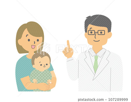 Stock Illustration: Infant and mother being examined by a doctor Stock Illustration: Infant and mother being examined by a doctor 107289999