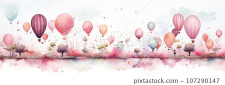 Cute landscape with flowers and colorful balloons 107290147