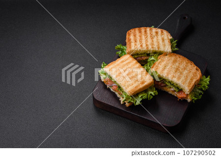 Delicious crispy sandwich with toast, salmon, avocado, tomatoes, salt, spices and herbs 107290502