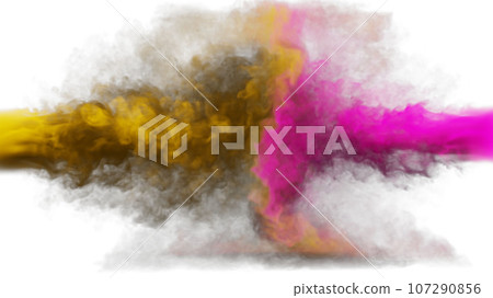 Puffs of orange and pink smoke collide against a white background. 3d illustration. Puffs of orange and pink smoke collide against a white background. 3d illustration. 107290856