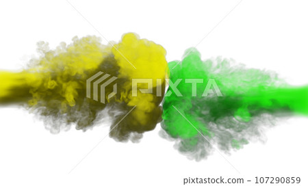 Puffs of yellow and green smoke collide against a white background. 3d illustration. Puffs of yellow and green smoke collide against a white background. 3d illustration. 107290859