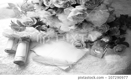 Paper with quill and flowers 107290977