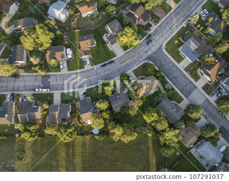 late summer sunrise over residential area of Fort Collins in northern Colorado, aerial view late summer sunrise over residential area of Fort Collins in northern Colorado, aerial view 107291037