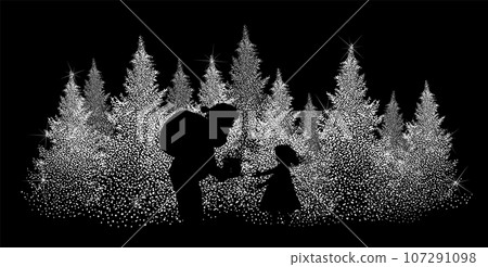 Santa Claus gives a gift to a girl silhouettes. hand drawing. Not AI. Vector illustration 107291098