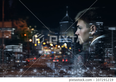 Businessman against the backdrop of the city. Businessman against the backdrop of the city. 107291219