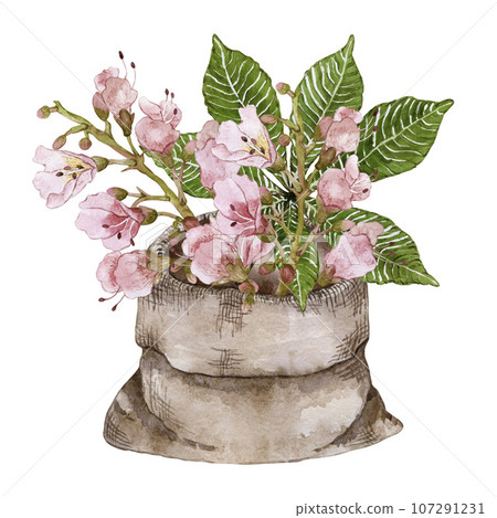 Bouquet of flowers and chestnut leaves in a brown canvas bag. Watercolor illustration. High quality 107291231