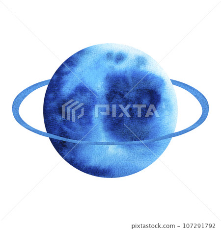 Uranus. Planets of our solar system isolated on transparent background. Watercolor Illustration on background of outer space with stars 107291792