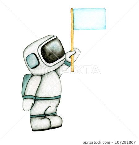 Cute Astronaut and flag in space isolated on transparent background. Watercolor Illustration of outer space with stars 107291807