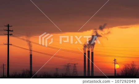 silhouettes of industrial chimneys with thick smoke air pollution silhouettes of industrial chimneys with thick smoke air pollution 107292049