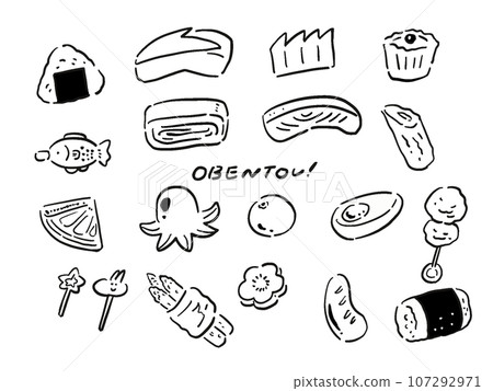 Hand-drawn style illustration set of bento side dishes and foods Line drawing 107292971