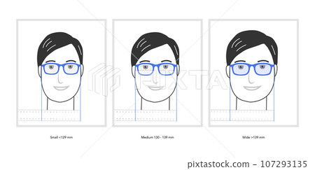 Set of size of width face character with ruler for order glasses. Flat modern cartoon style blue color trendy vector Set of size of width face character with ruler for order glasses. Flat modern cartoon style blue color trendy vector 107293135