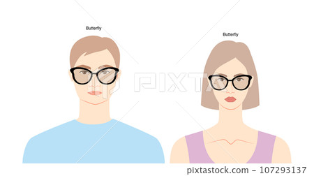 Butterfly frame glasses on women and men flat character fashion accessory illustration. Sunglass front view silhouette Butterfly frame glasses on women and men flat character fashion accessory illustration. Sunglass front view silhouette 107293137