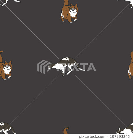 Hand drawn vector abstract graphic line art seamless pattern with adorable cute funny cat character.Vector illustration of funny cartoon outline cat in trendy line style. Drawing line art cat pattern. 107293245