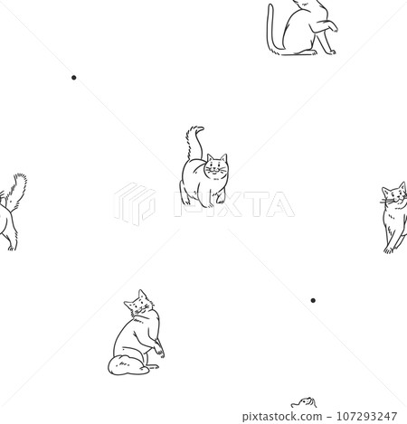 Hand drawn vector abstract graphic line art seamless pattern with adorable cute funny cat character.Vector illustration of funny cartoon outline cat in trendy line style. Drawing line art cat pattern. Hand drawn vector abstract graphic line art seamless pattern with adorable cute funny cat character.Vector illustration of funny cartoon outline cat in trendy line style. Drawing line art cat pattern. 107293247