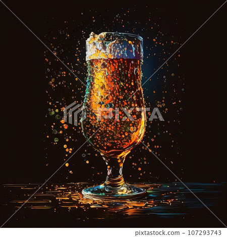 Beer pint interior wall art. Glass of craft lager, gold on black painting for bar and pub decor Beer pint interior wall art. Glass of craft lager, gold on black painting for bar and pub decor 107293743