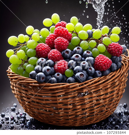 basket full of fruits berries and green grapes explode with huge particles splashing on the air basket full of fruits berries and green grapes explode with huge particles splashing on the air 107293844