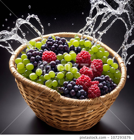basket full of fruits berries and green grapes explode with huge particles splashing on the air basket full of fruits berries and green grapes explode with huge particles splashing on the air 107293876