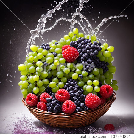 basket full of fruits berries and green grapes explode with huge particles splashing on the air basket full of fruits berries and green grapes explode with huge particles splashing on the air 107293895