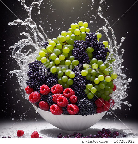 basket full of fruits berries and green grapes explode with huge particles splashing on the air basket full of fruits berries and green grapes explode with huge particles splashing on the air 107293922