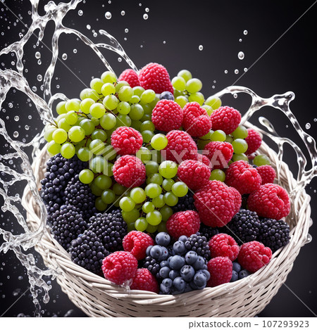 basket full of fruits berries and green grapes explode with huge particles splashing on the air 107293923