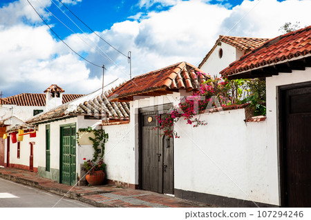 Beautiful architecture of the streets of the colonial small town of Iza located in the Boyaca department in Colombia 107294246
