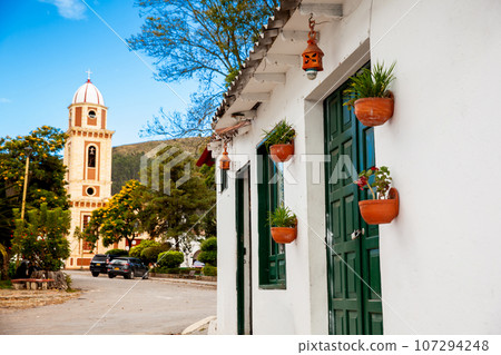 Beautiful architecture of the streets of the colonial small town of Iza located in the Boyaca department in Colombia 107294248