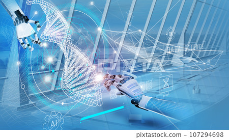 Robot hands study 3d human DNA helix for artificial intelligence and science field. 107294698