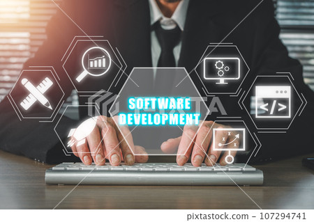 Software development concept, Businessman typing on keyboard with software development icon on virtual screen. 107294741