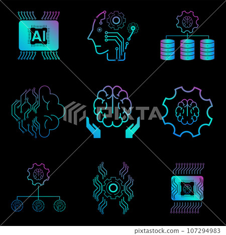 Set of Artificial intelligence line icons, AI for technology symbols concepts, and 8 cybernetic icons 107294983