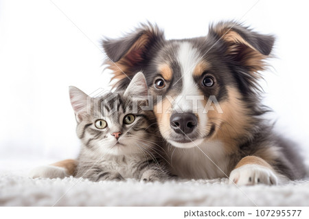 Portrait of a dog and a cat looking at the camera in front of a white background 107295577