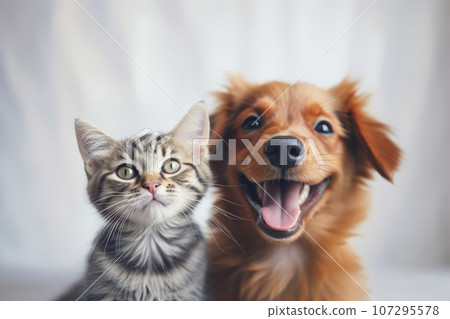 Portrait of a dog and a cat looking at the camera in front of a white background 107295578