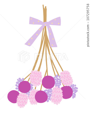 Swag of pink and purple flowers with ribbons 107295758