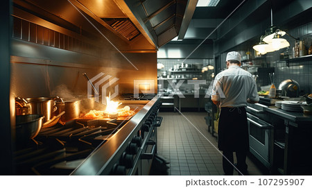Backside of a chef is cooking in the modern restaurant kitchen 107295907