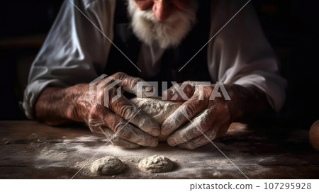Man preparing bread dough on wooden table in a bakery close up old man kneading dough, making bread using traditional recipe, isolated on black background 107295928