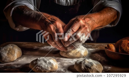 Man preparing bread dough on wooden table in a bakery close up old man kneading dough, making bread using traditional recipe, isolated on black background 107295929