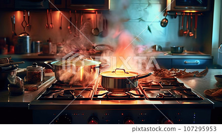 Modern kitchen. Cooks prepare meals on the stove in the kitchen of the restaurant Modern kitchen. Cooks prepare meals on the stove in the kitchen of the restaurant 107295953