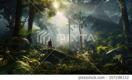 Man in Rainforest landscape with trees and fog in the morning 107296132