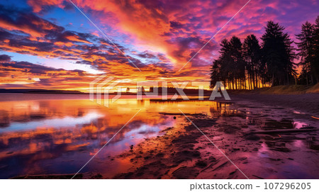 Silhouette of palm trees Beautiful sunset on the tropical sea beach background 107296205