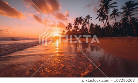 Silhouette of palm trees Beautiful sunset on the tropical sea beach background 107296208