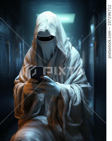 Creepy ghost monster sitting with phone in his hands and waiting for victim. AI Creepy ghost monster sitting with phone in his hands and waiting for victim. AI 107296712