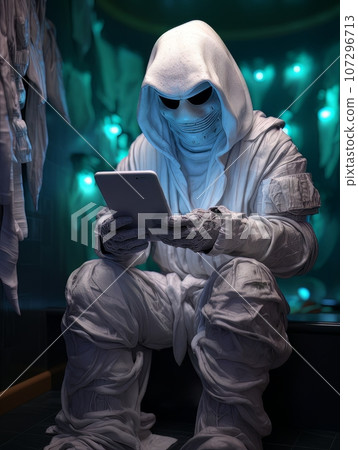 Creepy ghost monster sitting with phone in his hands and waiting for victim. AI 107296713