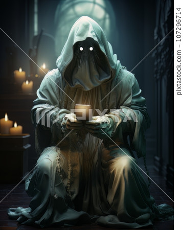 Creepy ghost monster sitting with phone in his hands and waiting for victim. AI 107296714